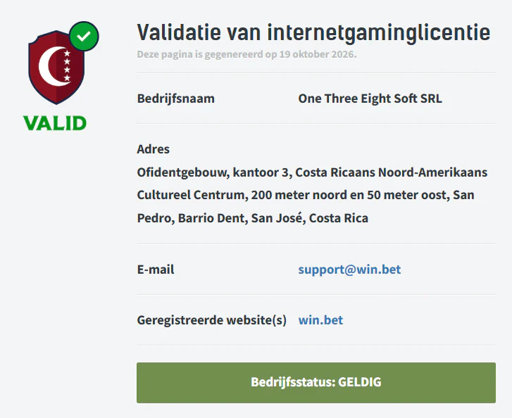 Licentievalidatie van Win.Bet Casino met een geldige bedrijfsstatus van One Three Eight Soft SRL, geregistreerd in Costa Rica, en de officiële website win.bet