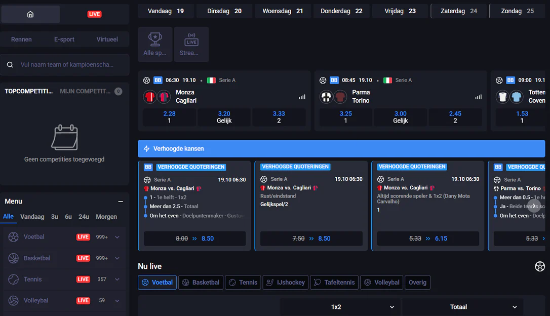 Sportweddenschappen bij Win.Bet Casino met live wedstrijden, verhoogde quoteringen, voetbal, basketbal, tennis en andere sportcategorieën